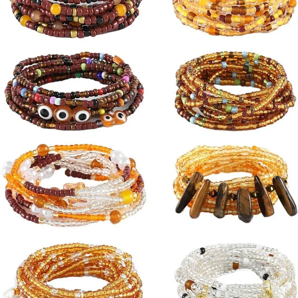 Tie-on African Waist Beads for Women Non Stretching 8Pcs Belly Beads Plus Size C